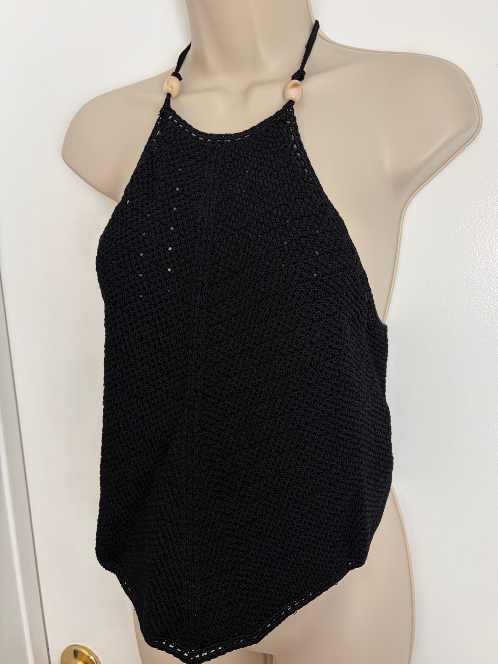 DISSH Black Crochet Halter Camisole with Wooden Bead Straps